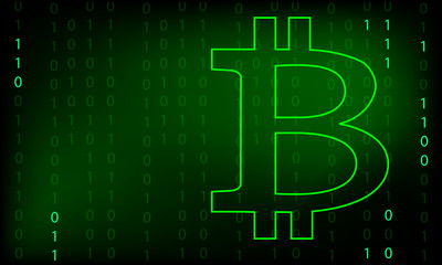 Bitcoin symbol on a binary code background, space for text.