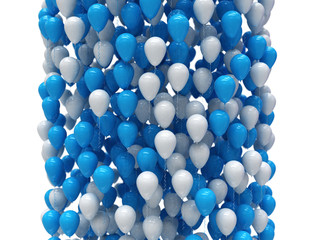 Blue and white party balloons rising in a large group, isolated on white background. 3D illustration