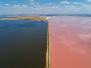 Pink lake Sasyk Sivash. The road goes into the distance and separates the coast. Taken from the drone.