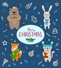 Funny New Year and Christmas greeting card with cute cartoon animals and doodle background. Vector handdrawn illustration