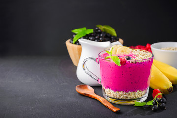 Healthy breakfast,fitness food for diet, Raspberry and currant berry bowl smoothie in a  glass cup...