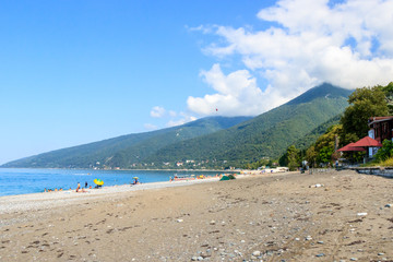 view of the wild beach near the mountain.