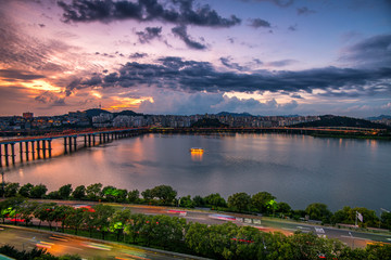 han river at sunset in seoul city south korea