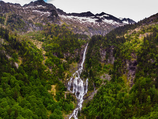 Scenic aerial view on the Ars waterfall from the GR10 trail in the Pyrenees