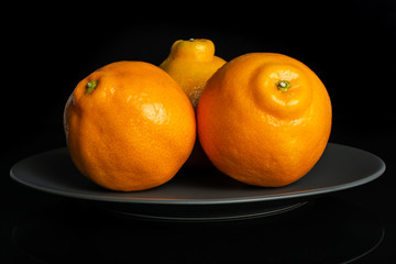 Group of three whole fresh orange tangelo minneola on gray ceramic plate isolated on black glass