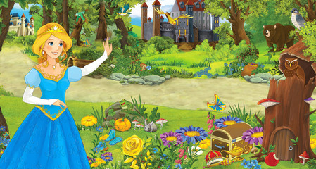 Obraz na płótnie Canvas cartoon scene with happy young girl princess in the forest near some castles - illustration for children