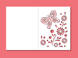 Laser cut template of wedding invitation with butterfly. Mockup of greeting card with floral ornament. Die cut stencil, lace decor for Valentine's day. Flower openwork vector silhouette for envelope.