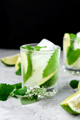 Cocktail Mojito with ice cube in a glass,slice lime, fresh leaf mint,drops water on glass