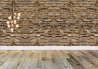 empty room interior decoration wooden floor, stone wall concept. decorative background for home, office and hotel. 3D illustration