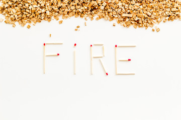 Symbol of fire in woods with fire word from matches and kindling frame on white background top view