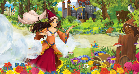 Obraz na płótnie Canvas cartoon scene with happy young girl princess sorceress in the forest near some castles - illustration for children