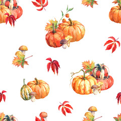 Watercolor seamless pattern with pumpkins, mushrooms and autumn leaves. Hand drawn watercolor illustration.