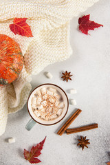 Hot cocoa with marshmallow in a blue ceramic mug surrounded by autumn leaves, pumpkin, anise stars on a grey background. The concept of cozy autumn and Thanksgiving. Top view, copy space