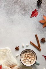 Fototapeta na wymiar Cozy autumn flat lay with mug of hot cocoa with murshmallows, autumn leaves, pumpkins, anise stars on grey background. Copy space for text. Fall, Thanksgiving, greeting card concept.