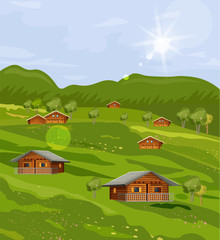 Rustic houses countryside summer green fields Vector flat styles