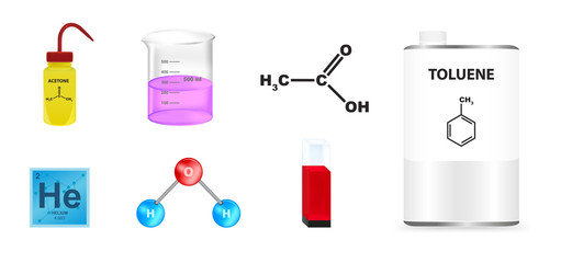 Vector set of chemical icons. Plastic yellow wash bottle, beaker, quartz glass cuvette, ball-and-stick water molecule, metal container can with toluene, acetic acid and helium from the periodic table.