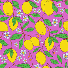 Tropical seamless pattern with yellow lemons. Fruit repeated background.