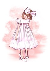 Art fashion litte girl dress posing . Fashion illustration kids clothing design idea print. Girl pink hair. little girl with a bow and in white dress put on her mother’s big shoes and looks at them
