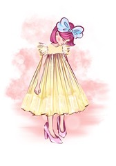  little girl with a bow and in yellow dress put on her mother’s big shoes and looks at them. Art fashion litte girl dress posing . Fashion illustration kids clothing design idea print. Girl pink hair