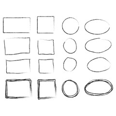Hand drawn frames set. Cartoon style. Square, rectangle, circle, oval