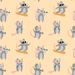 Foto op Aluminium Seamless pattern with cute cartoon rats in different poses and situations. Nice rodent isolated on beige background. Flat vector illustration. © Alisa