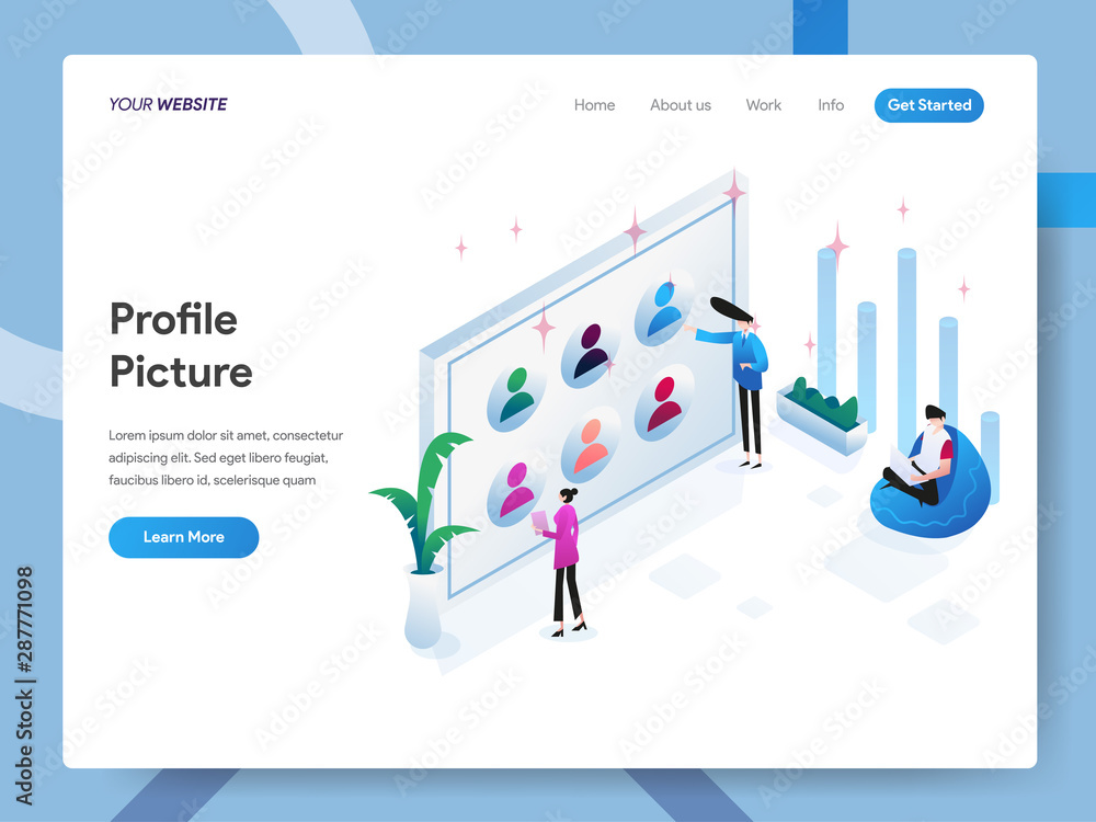 Poster landing page template of profile picture or avatar isometric illustration concept. modern design con
