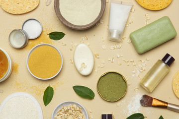 Natural organic cosmetic flat lay. Home spa concept. Skin, body and hair care products.