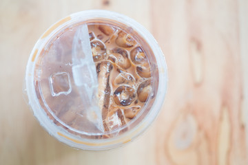 Top view close up fresh iced mocha coffee.