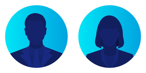 Male and female face avatars, man and woman silhouette heads in profile icon on blue brightly background. Flat style vector illustration isolated on white.