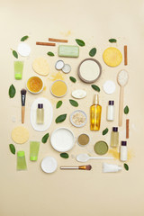 Fototapeta na wymiar Natural organic cosmetic flat lay. Home spa concept. Skin, body and hair care products.