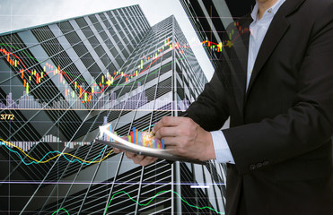 Businessmen analyze graphs with computers, smartphones and tablet technology social networks.