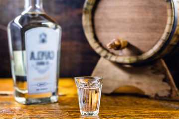 Bottle of brazilian traditional cachaça. Used to make caipirinha drink. Alcohol distilled drink on barrel bottom, personal reserve. Export type drink from Brazil.