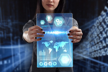 The concept of business, technology, the Internet and the network. A young entrepreneur working on a virtual screen of the future and sees the inscription: Franchise