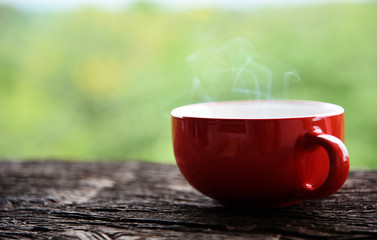Hot coffee in red cup of morning coffee