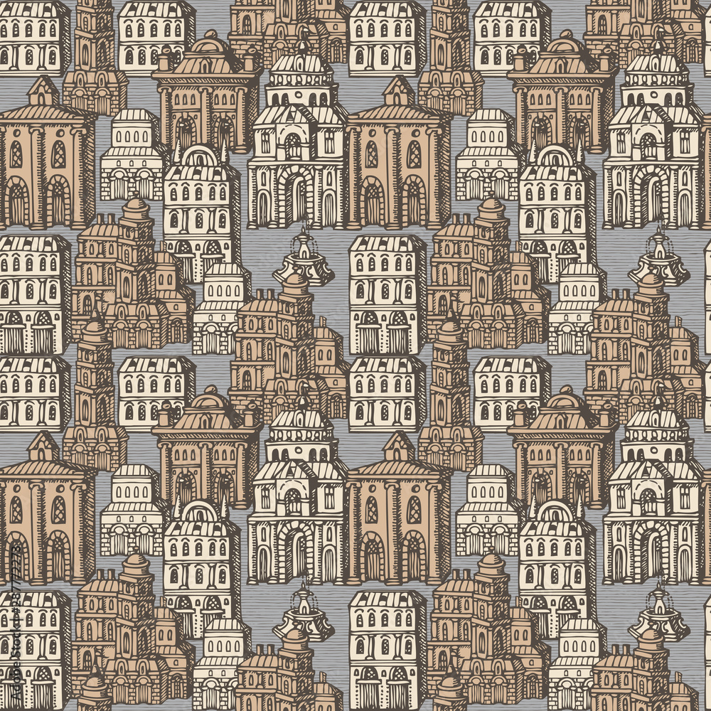 Poster vector seamless pattern with old hand drawn houses in retro style. cityscape background with old sty