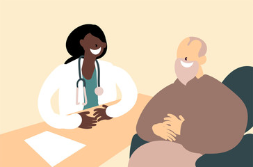 Fototapeta premium Flat style cartoon cute character, elderly caucasian man on wheelchair getting medical advice from african american female doctor, communication, healthcare. Hand drawn vector illustration.