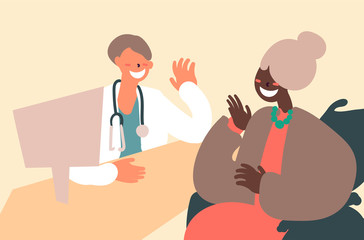 Flat style cartoon cute character, elderly african american woman on wheelchair getting medical advice from doctor at the office, communication, happy active lifestyle. Hand drawn vector illustration.