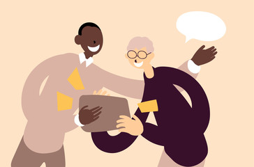 Fototapeta premium Flat style cartoon cute character, elderly middle aged man getting help using laptop to communicate, happy active lifestyle, technology use. Hand drawn vector illustration.
