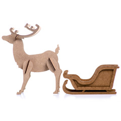 Wooden christmas deer with sleigh on white background isolation