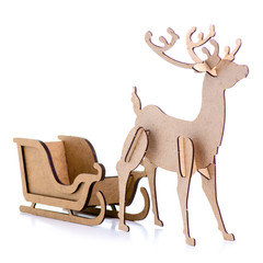 Wooden christmas deer with sleigh on white background isolation