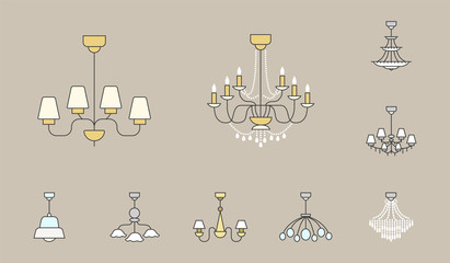 Chandelier Icons Set - Vector colored silhouettes vintage and luxury chandelier