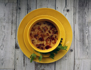  delicious homemade food pea soup fried onions yellow plate