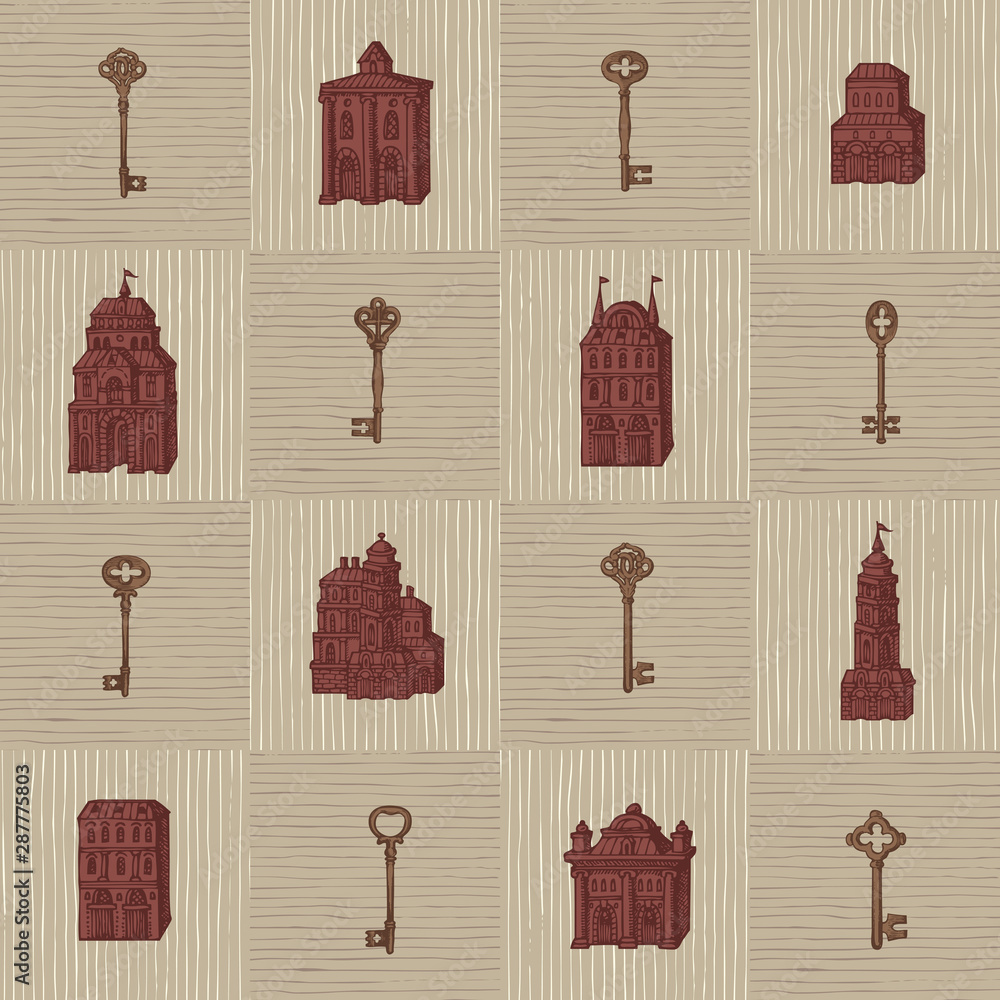 Poster vector seamless pattern with hand-drawn keys and old buildings in retro style. repeatable background