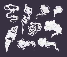 Comic smoke cloud set. Smoking cartoon steam clouds with motion sprite speed. Resembling on game comic shot, puff mist, smoking cigarette cofee steam. Vector illustration on dark background