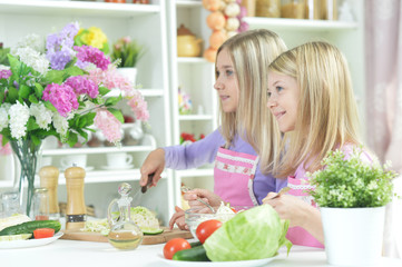 Two girls in pink aprons preparing fresh salad