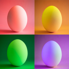 Close-up egg in neon trend color. Protein, a stylish simple meal. Minimalism, place for text, design. Collage of four photos.