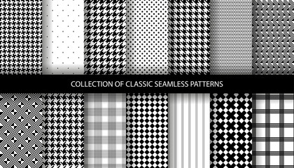 Collection of classic fashion houndstooth seamless geometric patterns. Variations of pied de poule print