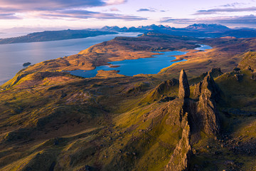 Aerial view of the Old Man of Storr at sunrise, Isle of Skye, Scotland, UK