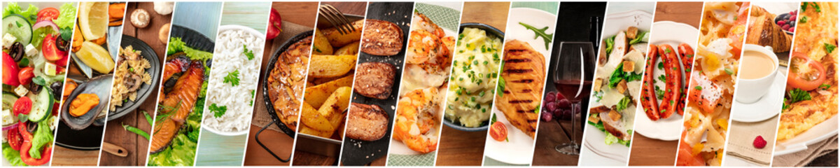 Lebensmittel-Collage. Eine Designvorlage mit vielen leckeren Gerichten