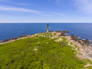 Aerial view of Thacher Island Lighthouse on Thacher Island, Rockport, Cape Ann, Massachusetts, USA....